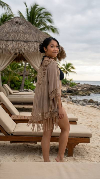 Lila wearing Macramé Kimono - Mocha