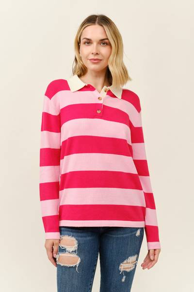 Cielo Women's Polo Wide Stripe Pullover Sweater - SW4480